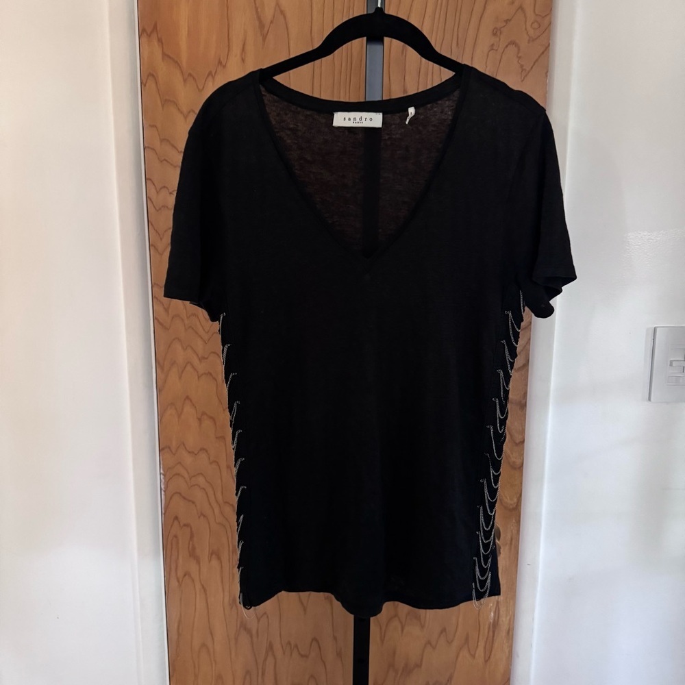 Sandro Black V-Neck Tee with Silver Side Chain Trim women 1